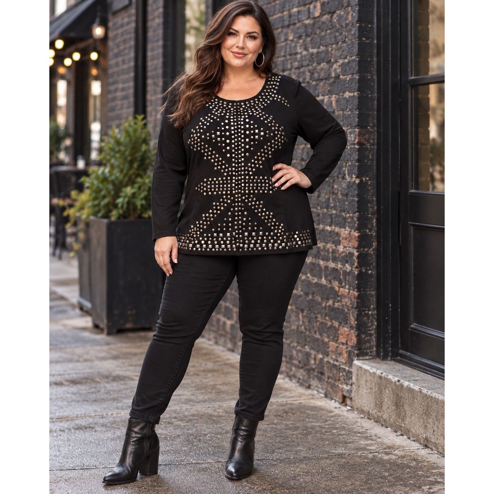 DG2 Diane Gilman Studded Tunic Top 3X Black Embellished Plus Size Glam Rocker